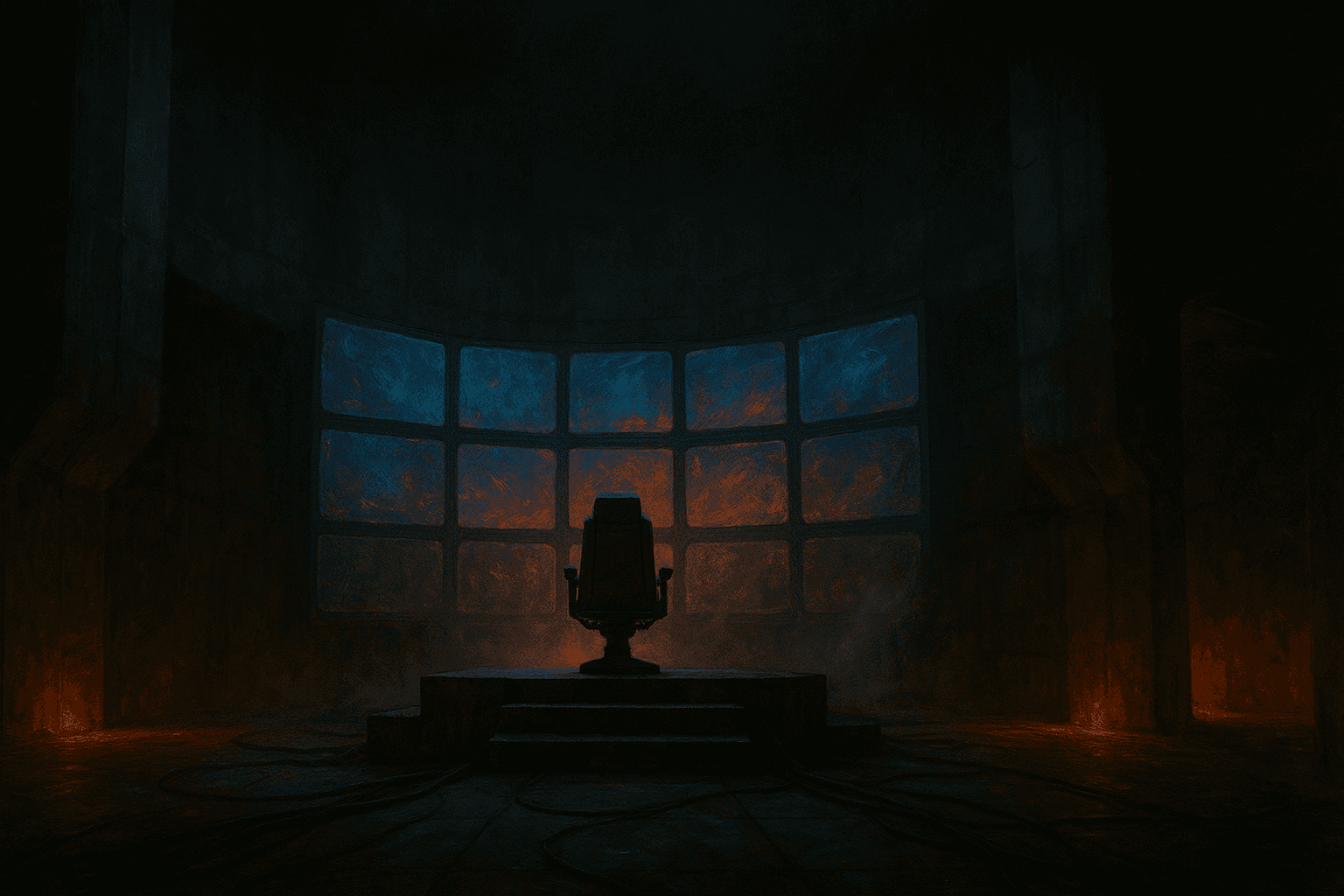 Sala escura de comando com multiplas telas, representando o cockpit Overclock