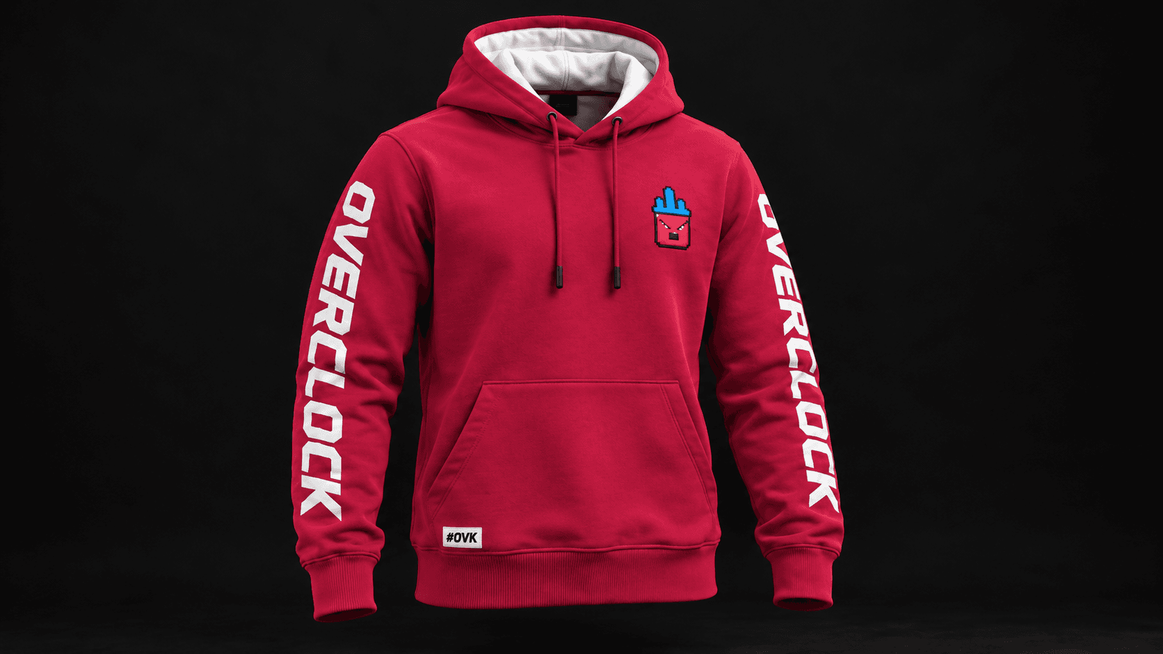 Red hoodie seen from the front, with the robot embroidered on the left chest and OVERCLOCK running down both sleeves