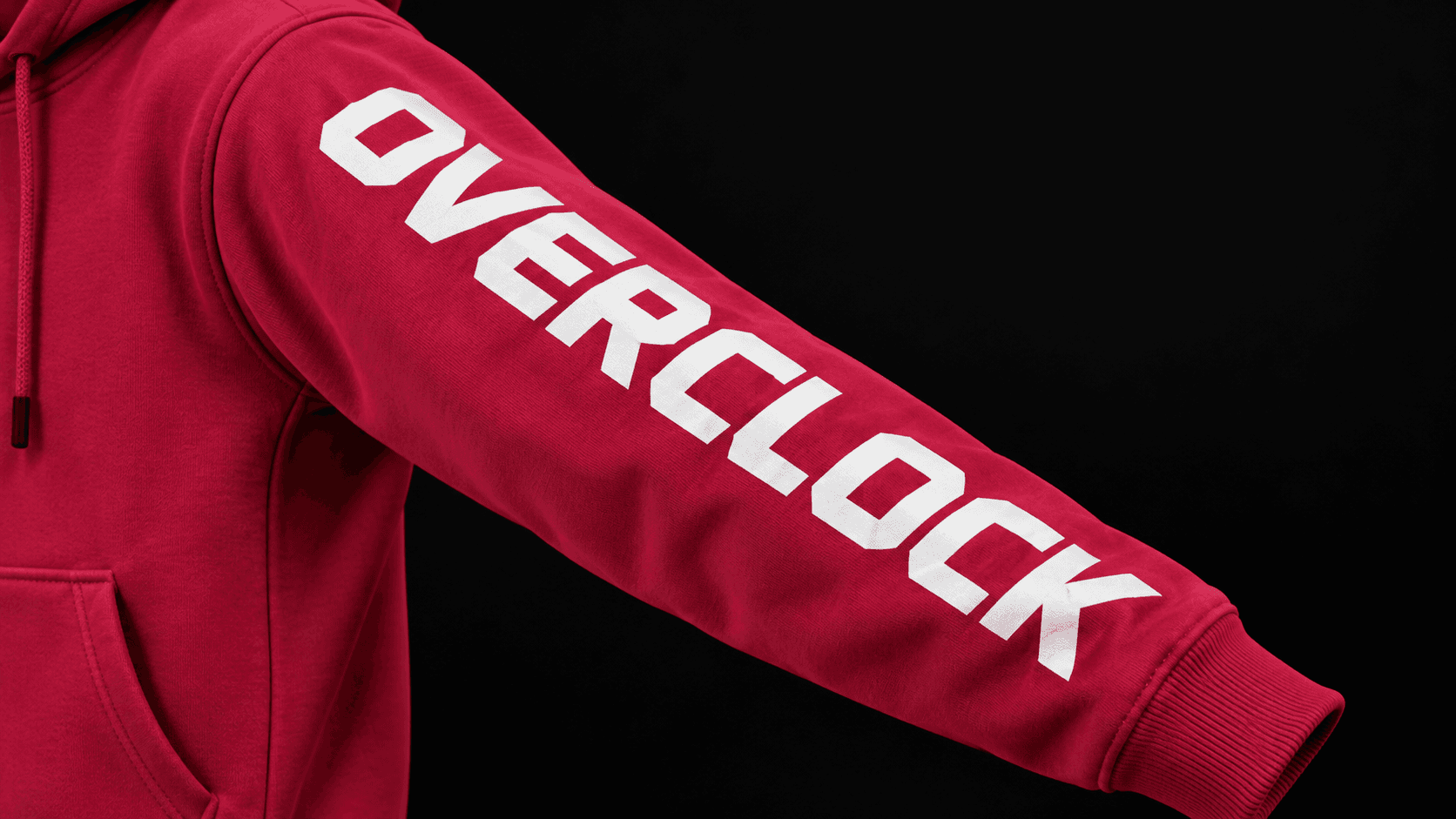 Right sleeve of the hoodie with the word OVERCLOCK running down to the cuff