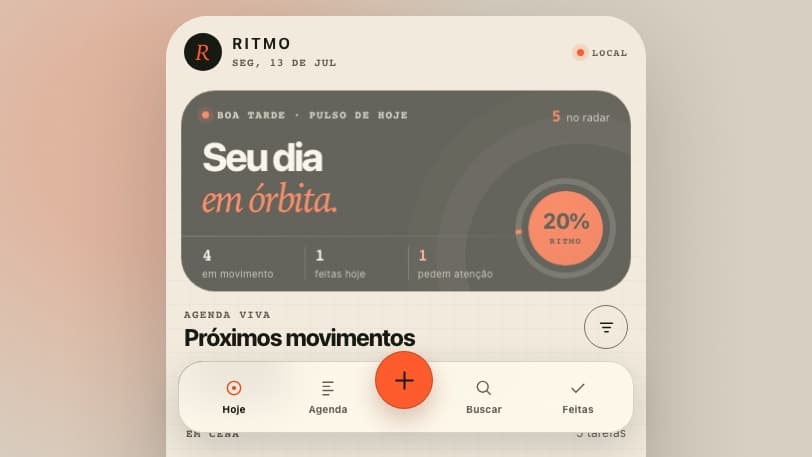 Tela inicial do Ritmo com pulso do dia, agenda e próximas tarefas