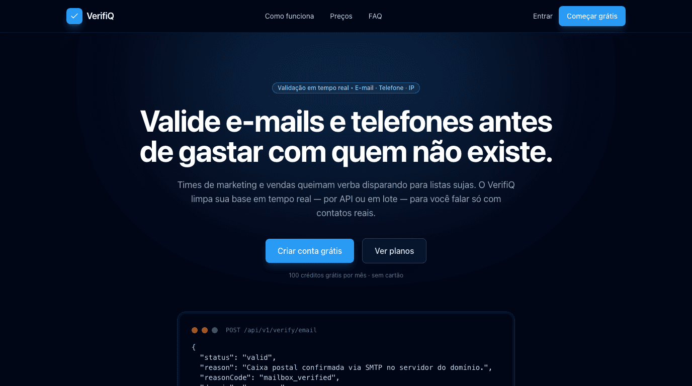 Landing do VerifiQ com proposta de validação de e-mails e telefones