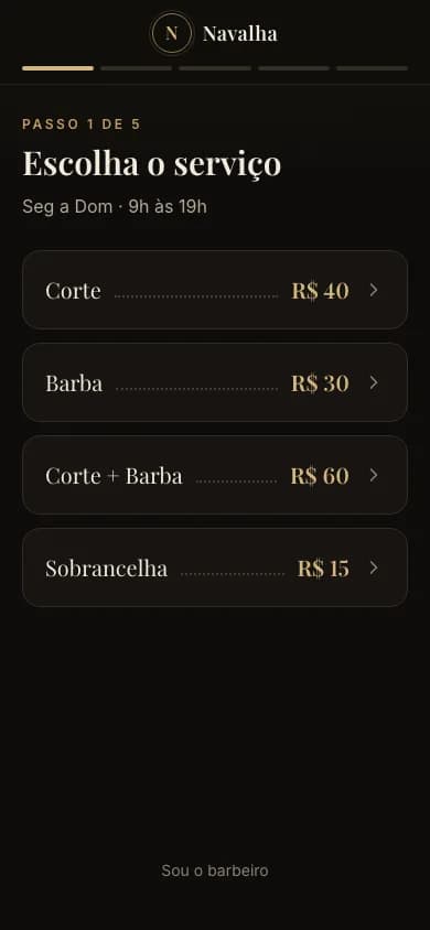 Tela do Navalha Agenda no celular: o app de agendamento construído ao vivo