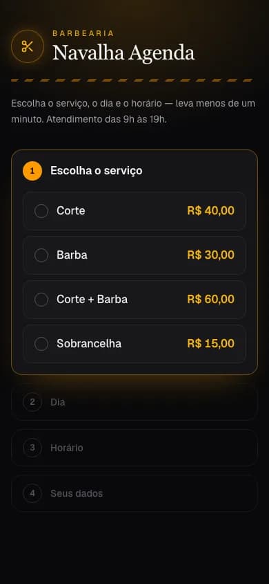 Celular · página do cliente, sem skill: o app como saiu do primeiro prompt