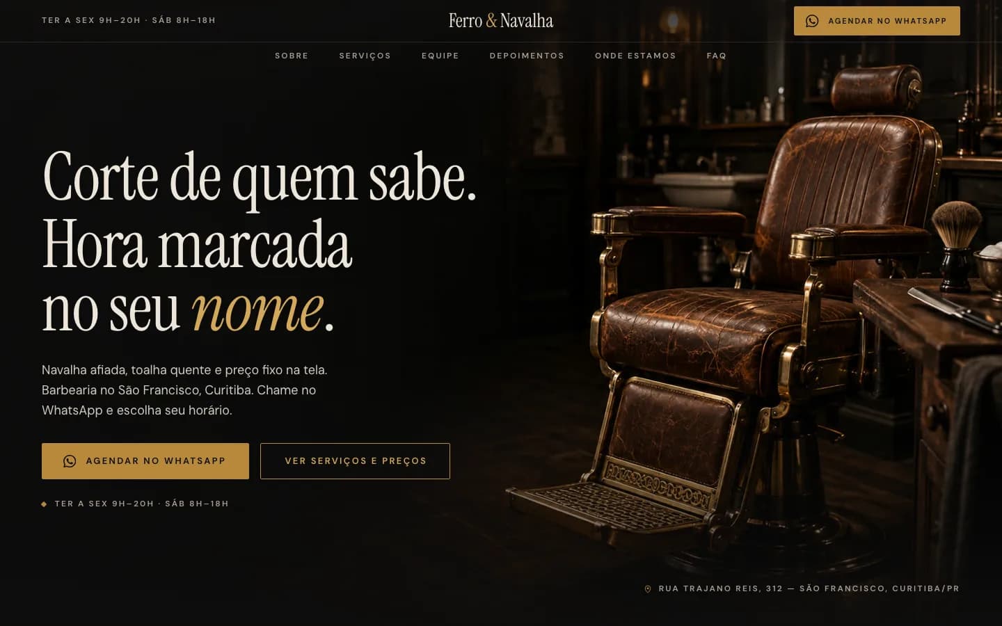 Site da Barbearia Ferro & Navalha: tela real construída na imersão