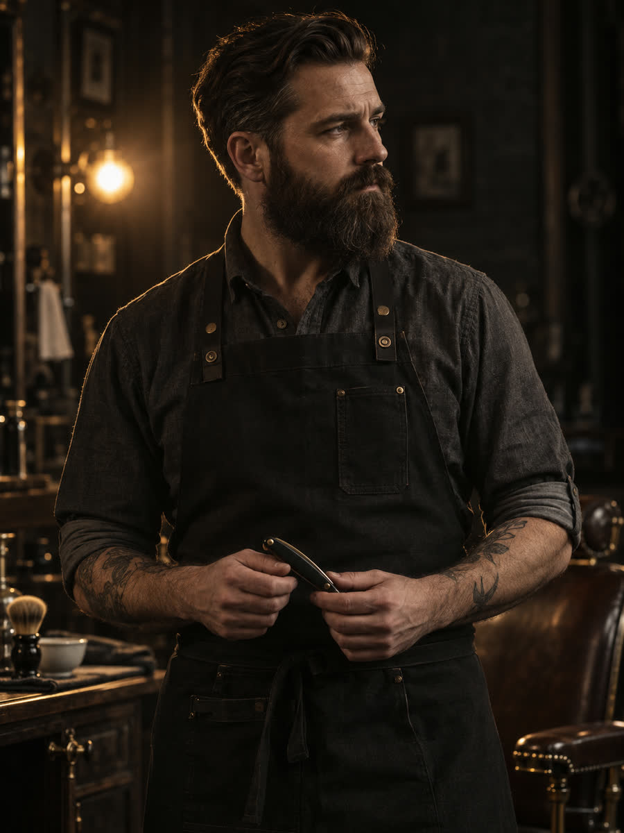 Tiago Bittencourt, de barba cheia e avental, segura uma navalha.