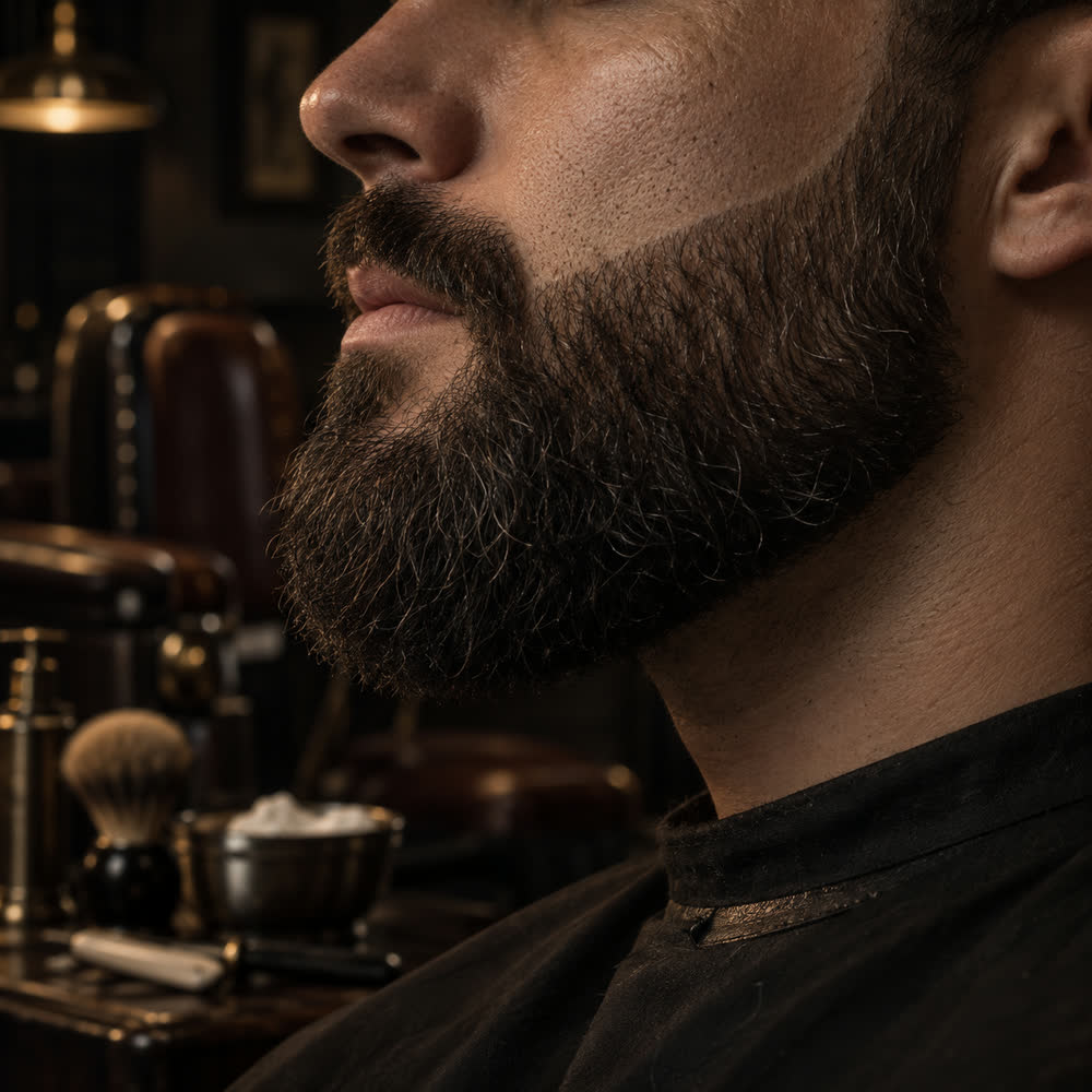 Perfil de cliente com barba cheia e o contorno da bochecha bem marcado.
