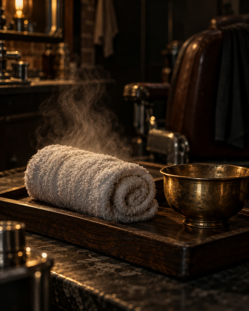 Toalha quente enrolada soltando vapor numa bandeja de madeira, ao lado de uma cumbuca de latão.