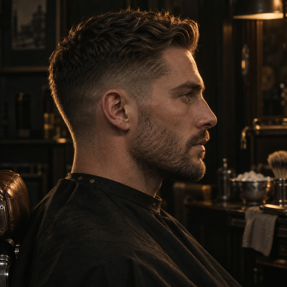 Perfil de cliente com corte clássico: laterais curtas e topo com volume.