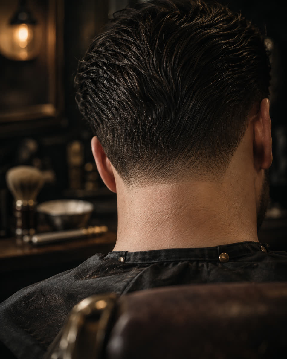 Nuca com o pezinho alinhado e acabamento limpo na linha do cabelo.