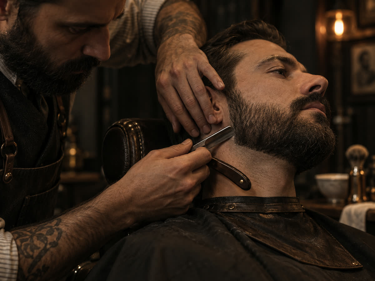 Barbeiro contorna a barba de um cliente com navalha de lâmina reta.
