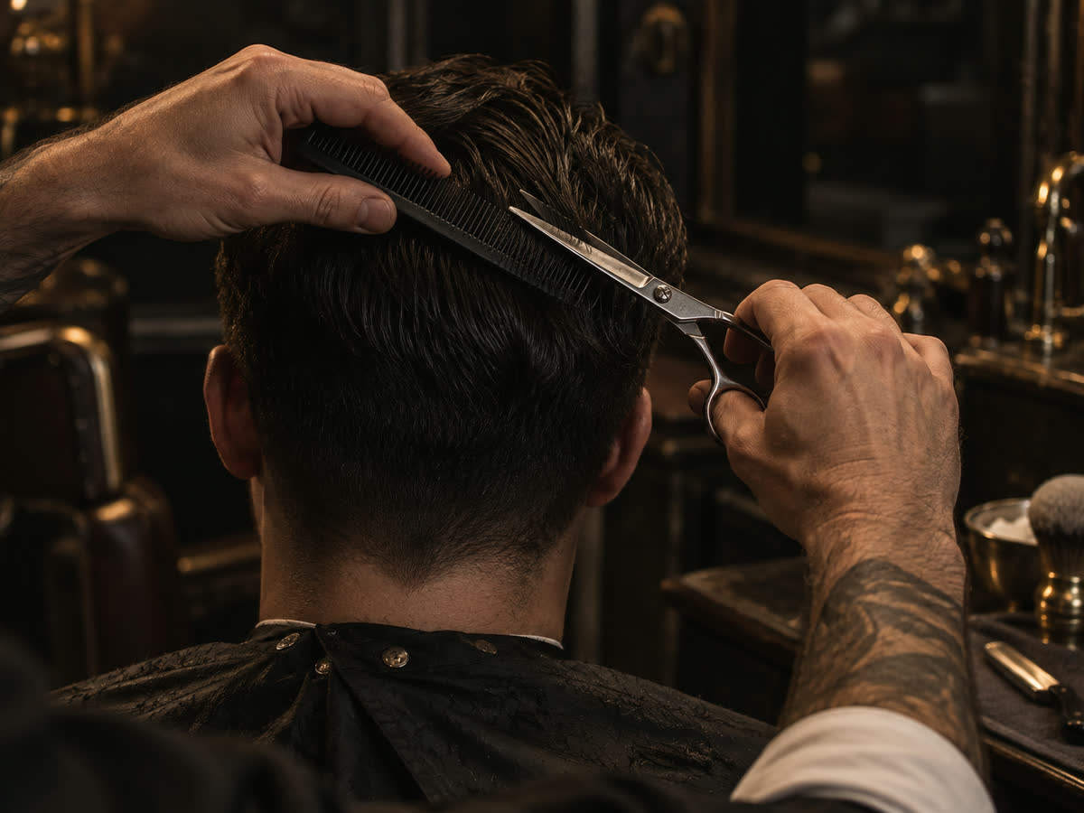 Barbeiro corta o cabelo de um cliente com tesoura e pente, visto de costas.